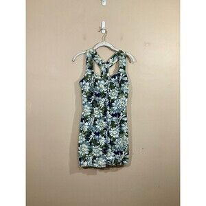 Vintage Womens Floral Denim Overall Dress S Blue Green 90s Cottagecore Buttons